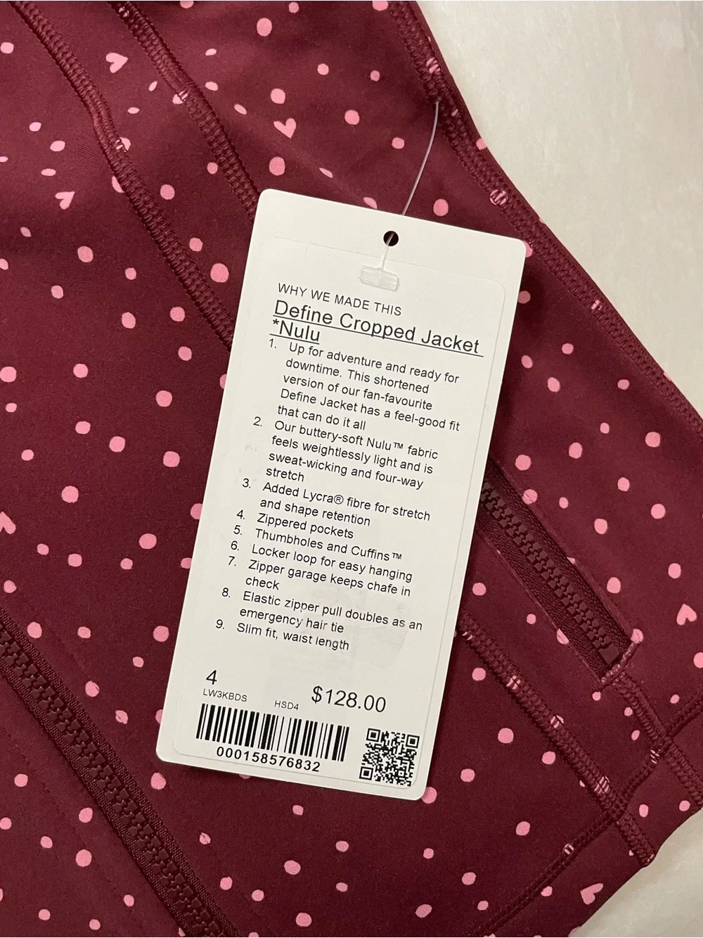 Lululemon NWT Define Cropped Nulu Fill Zip Jacket Heart Scatter Dot Print Size 4